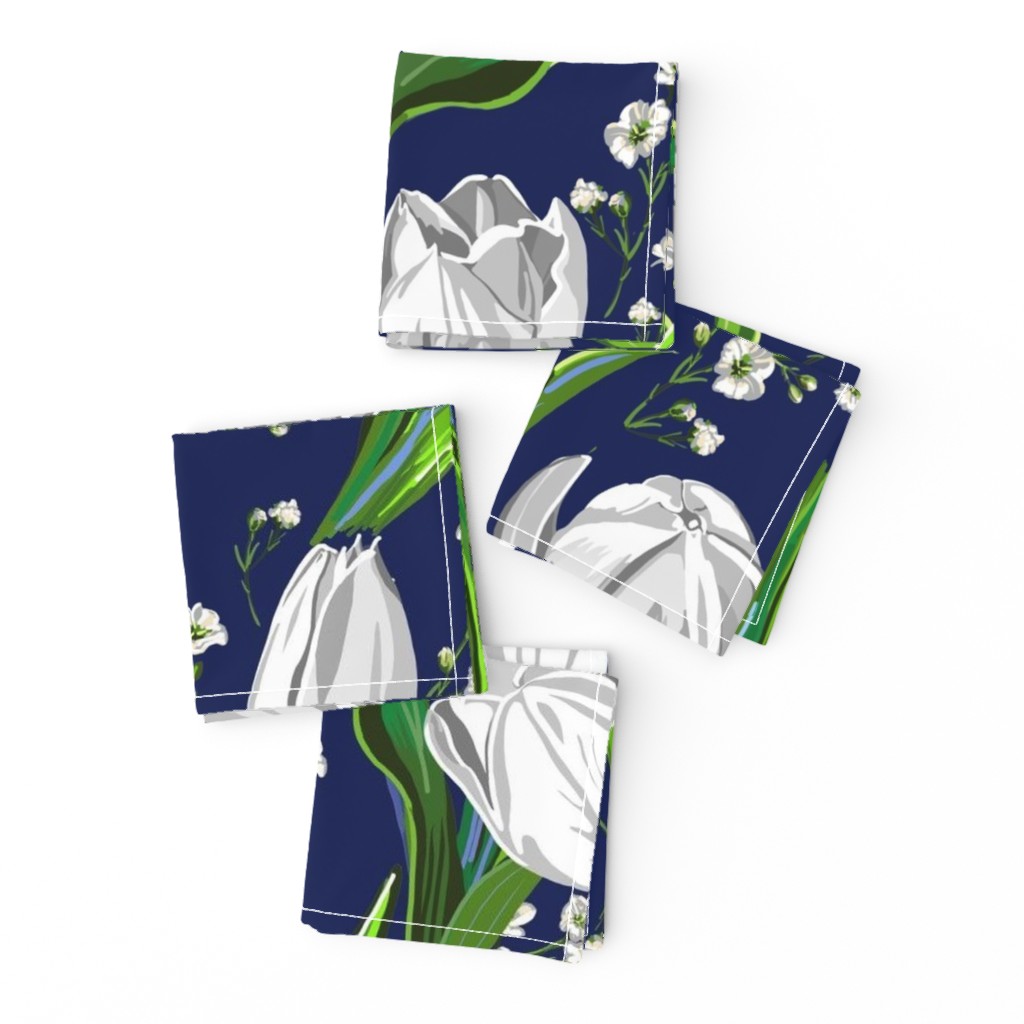 Big White Tulips + Babys Breath | Navy, Green