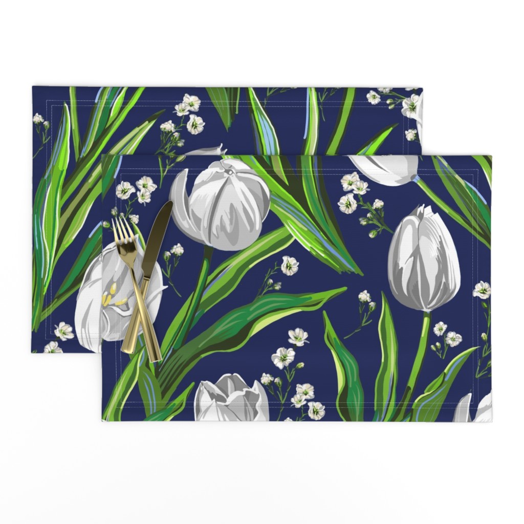 Big White Tulips + Babys Breath | Navy, Green