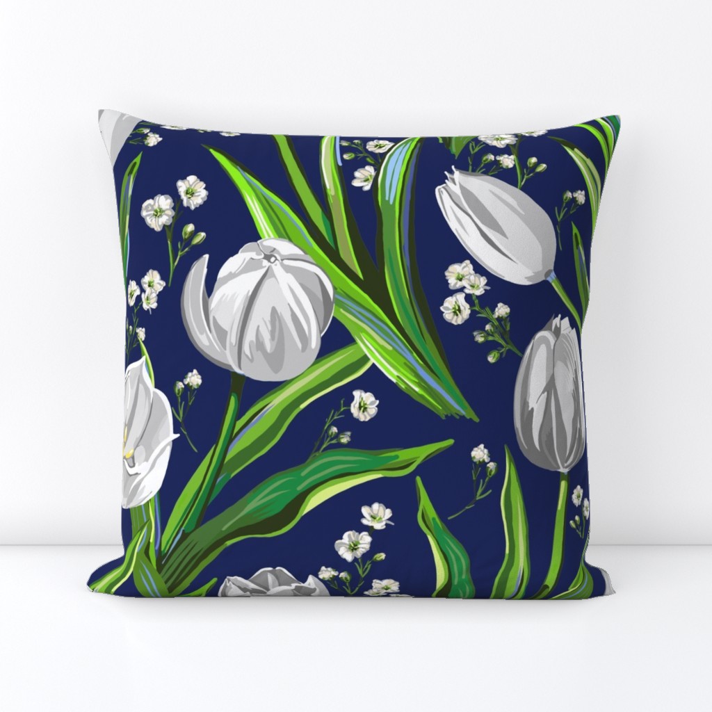 Big White Tulips + Babys Breath | Navy, Green