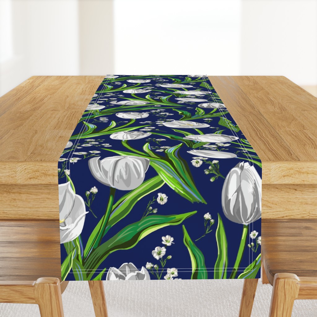 Big White Tulips + Babys Breath | Navy, Green