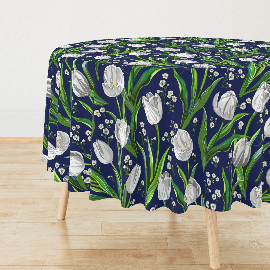 Big White Tulips + Babys Breath | Navy, Green