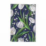 Big White Tulips + Babys Breath | Navy, Green