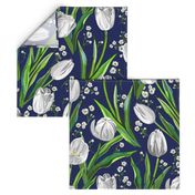 Big White Tulips + Babys Breath | Navy, Green