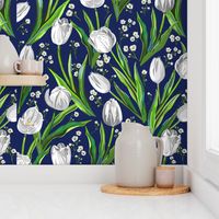 Big White Tulips + Babys Breath | Navy, Green