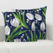 Big White Tulips + Babys Breath | Navy, Green