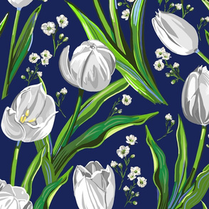 Big White Tulips + Babys Breath | Navy, Green