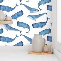 Blue Whales on White Background Boys Underwater Theme