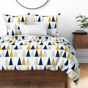 Tall triangles in Midnight blue, goldenrod and grey