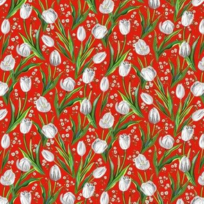 Micro White Tulips + Babys Breath | Red