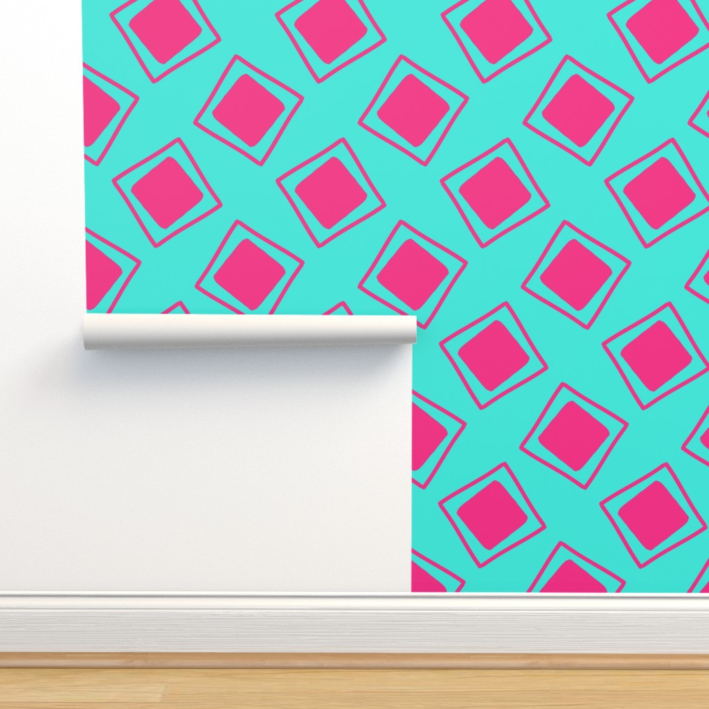 Funky Bold Squares // Turquoise & Hot Wallpaper | Spoonflower