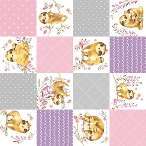 Cute Sloth Patchwork - Cheater Quilt, Blanket Baby Girl Bedding, Soft Gray Pink Purple ROTATED, Design PR