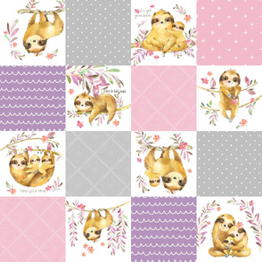 Cute Sloth Patchwork - Cheater Quilt, Blanket Baby Girl Bedding, Soft Gray Pink Purple, Design PR