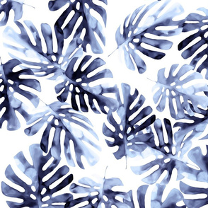 Watercolor Blue & Gray Monstera Leaves