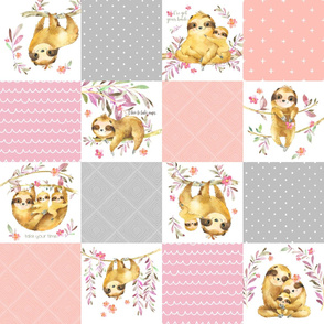 Sloth Cheater Quilt – Patchwork Blanket Baby Girl Bedding, Soft Gray Pink Peach - Design GG