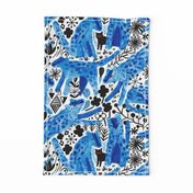 Blue watercolor wild cats. And one little domestic black cutie