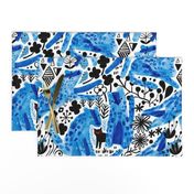 Blue watercolor wild cats. And one little domestic black cutie