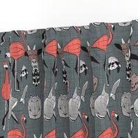 Small scale // Summery Geometric Animals // green grey linen texture background black and white coral brown and grey flamingos hippos giraffes sharks crocs sloths meerkats and toucans