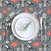 Small scale // Summery Geometric Animals // green grey linen texture background black and white coral brown and grey flamingos hippos giraffes sharks crocs sloths meerkats and toucans