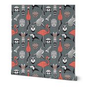 Small scale // Summery Geometric Animals // green grey linen texture background black and white coral brown and grey flamingos hippos giraffes sharks crocs sloths meerkats and toucans