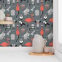 Small scale // Summery Geometric Animals // green grey linen texture background black and white coral brown and grey flamingos hippos giraffes sharks crocs sloths meerkats and toucans