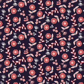 Whimsical Floral on Black with red and white