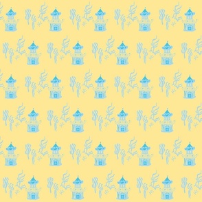 Light blue and teal blue pagoda, yellow background
