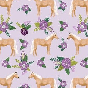 palomino horse floral fabric - cute floral fabric, horse fabric, feminine floral fabric, purple horse fabric - purple