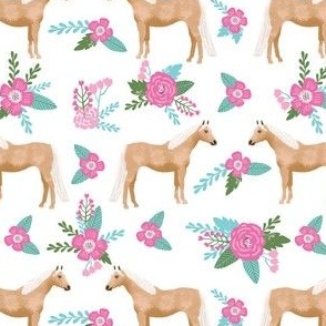 palomino horse floral fabric - cute floral fabric, horse fabric, feminine floral fabric, pink and aqua horse fabric - white