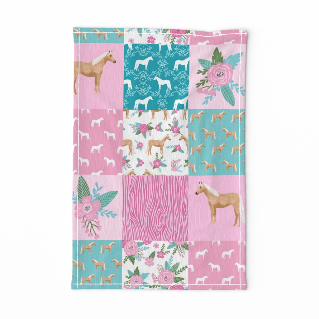 horse quilt cheater quilt fabric - pink and teal, palomino horse fabric, horse fabric, cheater quilt fabric - 6" squares