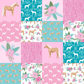 horse quilt cheater quilt fabric - pink and teal, palomino horse fabric, horse fabric, cheater quilt fabric - 6" squares