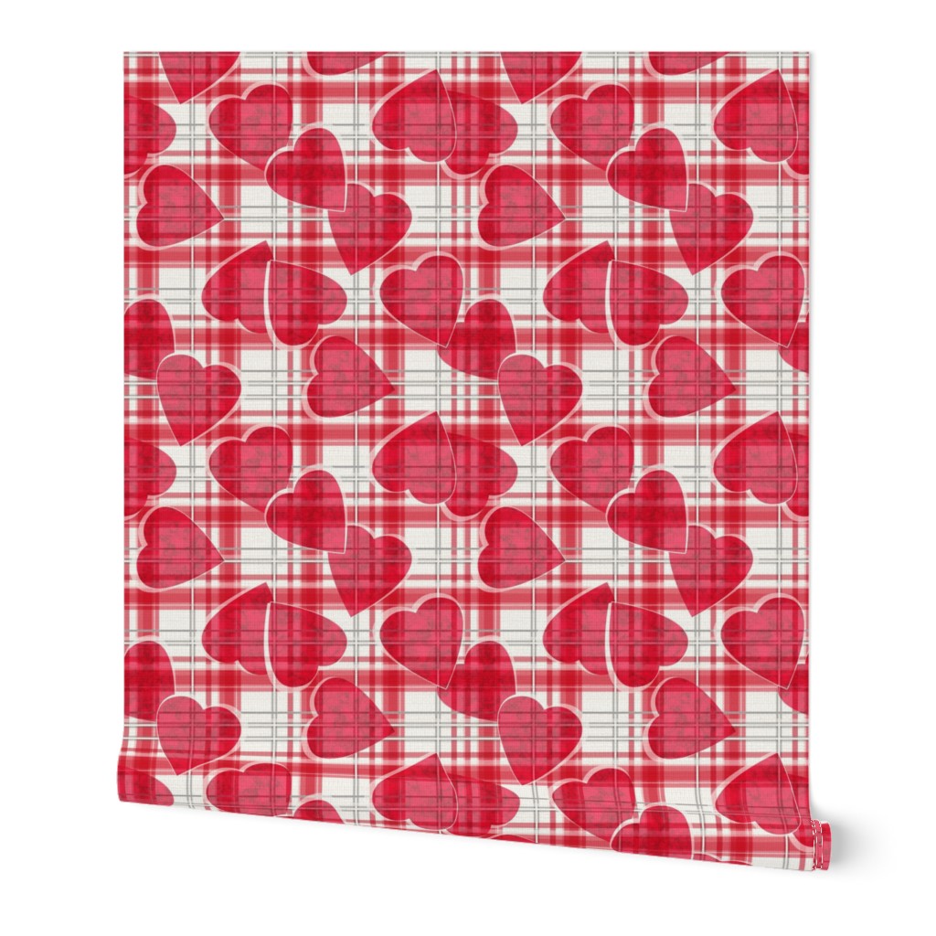 Marble red hearts on checkered background