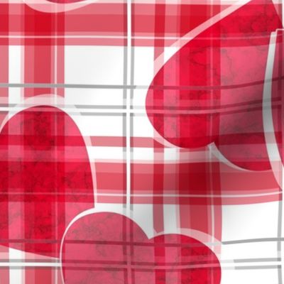 Marble red hearts on checkered background