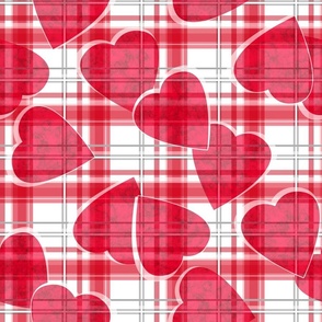Marble red hearts on checkered background