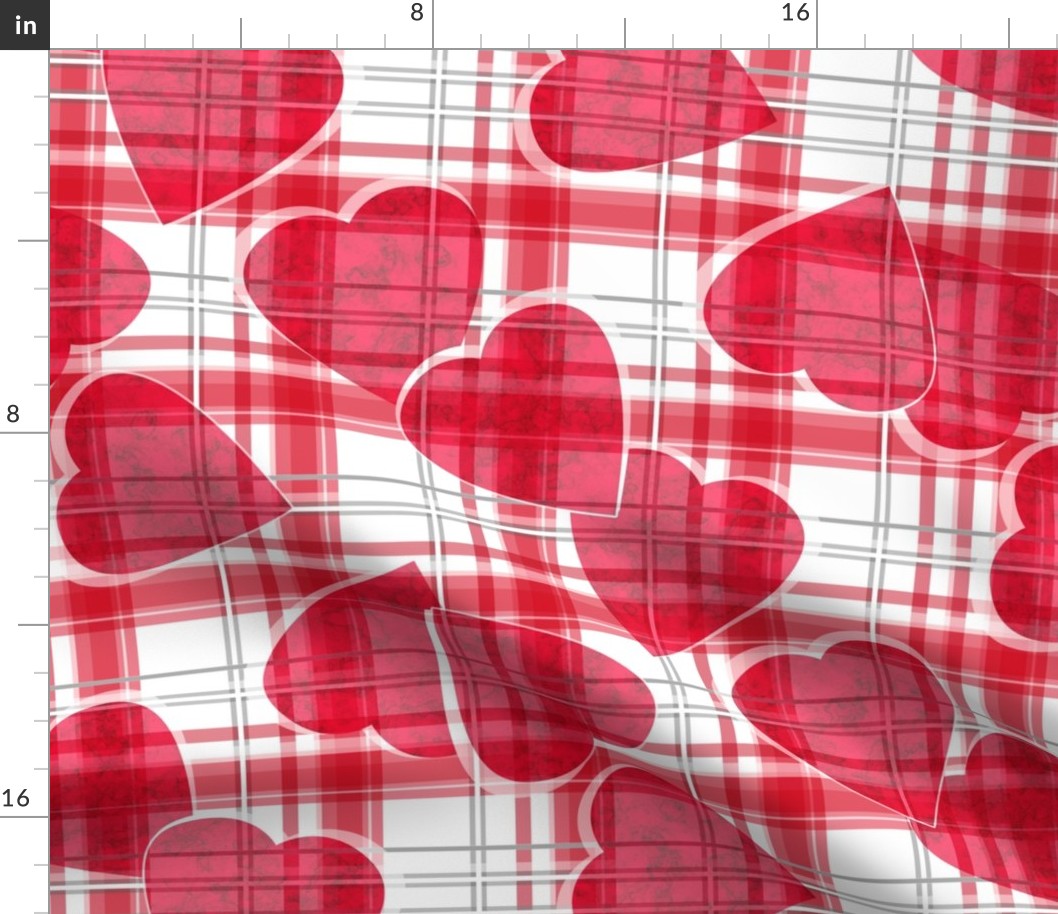 Marble red hearts on checkered background