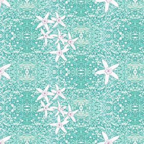 Fresh White Flowers on Intricate Aqua Leaf Pattern