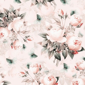 Nostalgic Light Pink Roses, Antique Flowers Bouquets,vintage home decor,  English Roses Fabric, pink