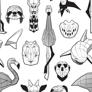 Jumbo large scale // Summery Geometric Animals // white background black and white flamingos hippos giraffes sharks crocs sloths meerkats and toucans