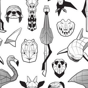 Small scale // Summery Geometric Animals // white background black and white flamingos hippos giraffes sharks crocs sloths meerkats and toucans