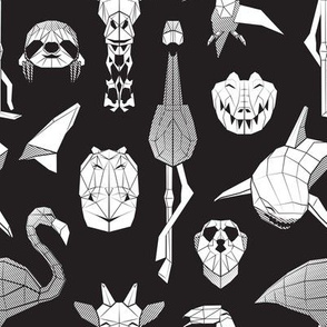 Small scale // Summery Geometric Animals // black background black and white flamingos hippos giraffes sharks crocs sloths meerkats and toucans