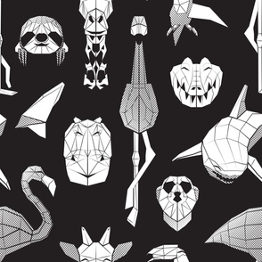 Jumbo large scale // Summery Geometric Animals // white background black and white flamingos hippos giraffes sharks crocs sloths meerkats and toucans