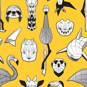 Small scale // Summery Geometric Animals // sunglow yellow background black and white flamingos hippos giraffes sharks crocs sloths meerkats and toucans