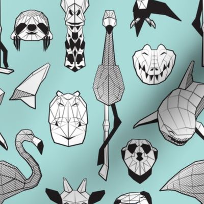 Small scale // Summery Geometric Animals // aqua background black and white flamingos hippos giraffes sharks crocs sloths meerkats and toucans
