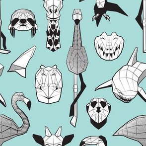 Small scale // Summery Geometric Animals // aqua background black and white flamingos hippos giraffes sharks crocs sloths meerkats and toucans