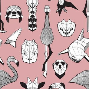 Small scale // Summery Geometric Animals // blush pink background black and white flamingos hippos giraffes sharks crocs sloths meerkats and toucans