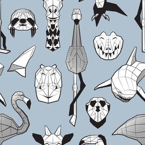 Small scale // Summery Geometric Animals // pastel blue background black and white flamingos hippos giraffes sharks crocs sloths meerkats and toucans