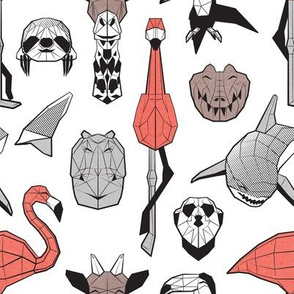 Small scale // Summery Geometric Animals // white background black and white coral grey and taupe brown flamingos hippos giraffes sharks crocs sloths meerkats and toucans 