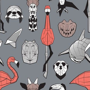 Small scale // Summery Geometric Animals // grey background black and white coral grey and taupe brown flamingos hippos giraffes sharks crocs sloths meerkats and toucans 