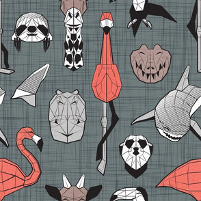 Normal scale // Summery Geometric Animals // green grey linen texture background black and white coral grey and taupe brown flamingos hippos giraffes sharks crocs sloths meerkats and toucans 