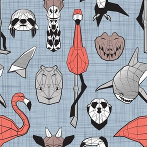 Small scale // Summery Geometric Animals // blue linen texture background black and white coral grey and taupe brown flamingos hippos giraffes sharks crocs sloths meerkats and toucans 