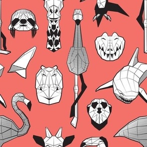 Small scale // Summery Geometric Animals // coral background black and white flamingos hippos giraffes sharks crocs sloths meerkats and toucans